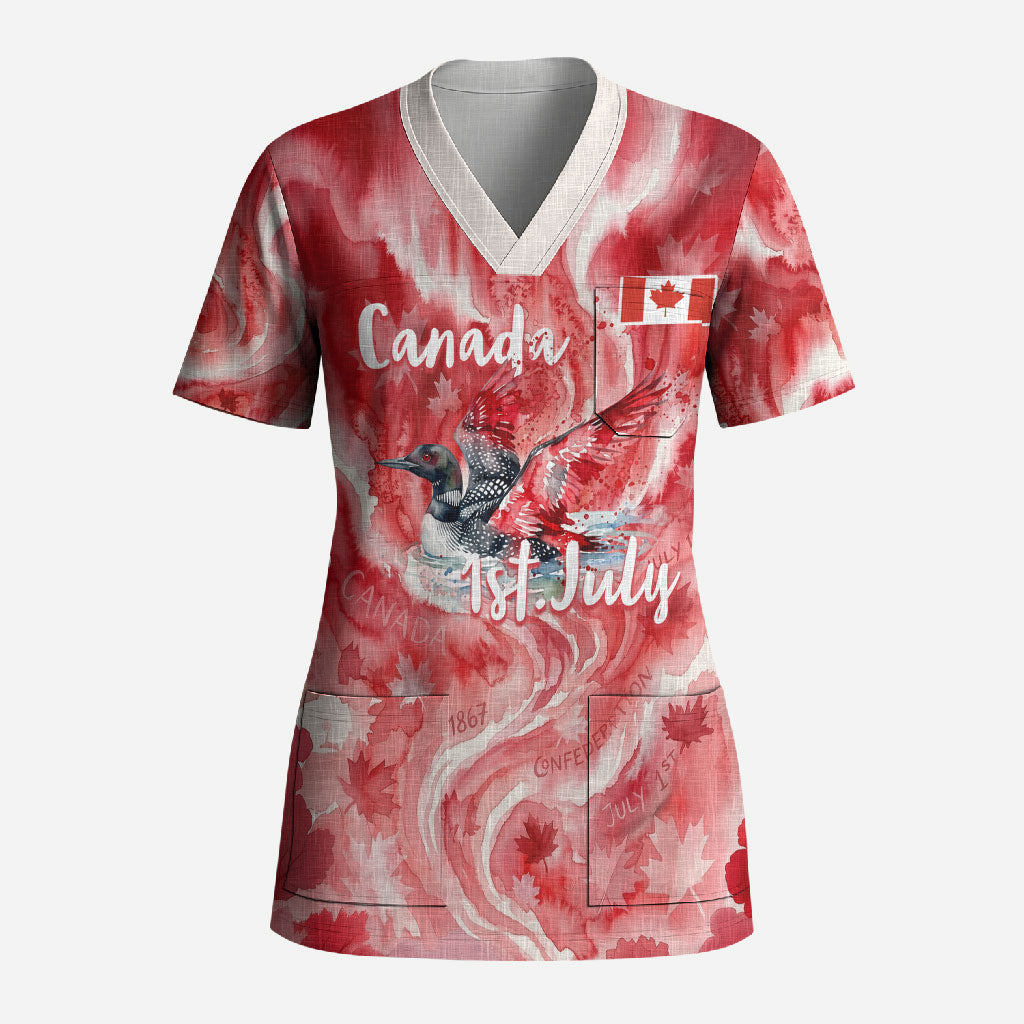 Canada Day Loon And Maple Leaf Scrub Top Watercolor Nature Scenery Mari Usque Ad Mare Artistic