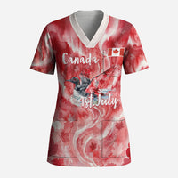 Canada Day Loon And Maple Leaf Scrub Top Watercolor Nature Scenery Mari Usque Ad Mare Artistic