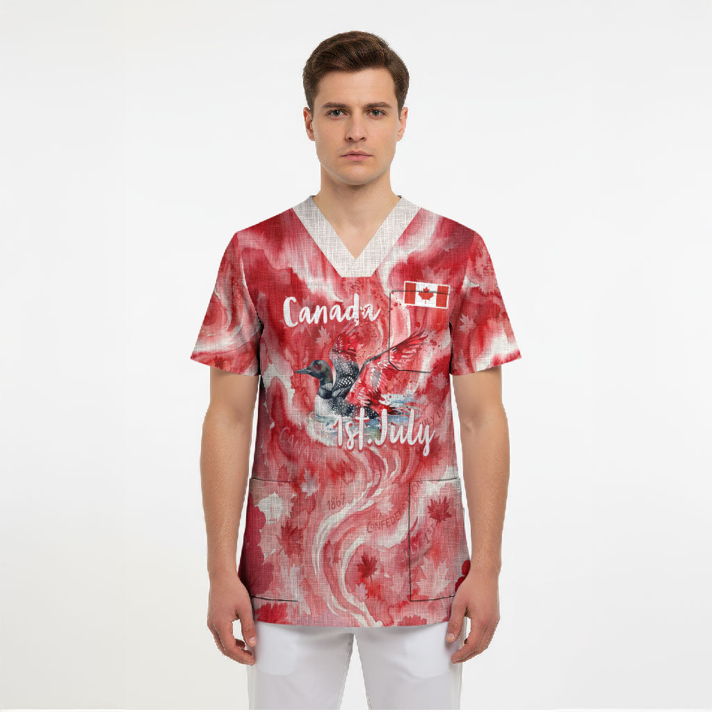 Canada Day Loon And Maple Leaf Scrub Top Watercolor Nature Scenery Mari Usque Ad Mare Artistic