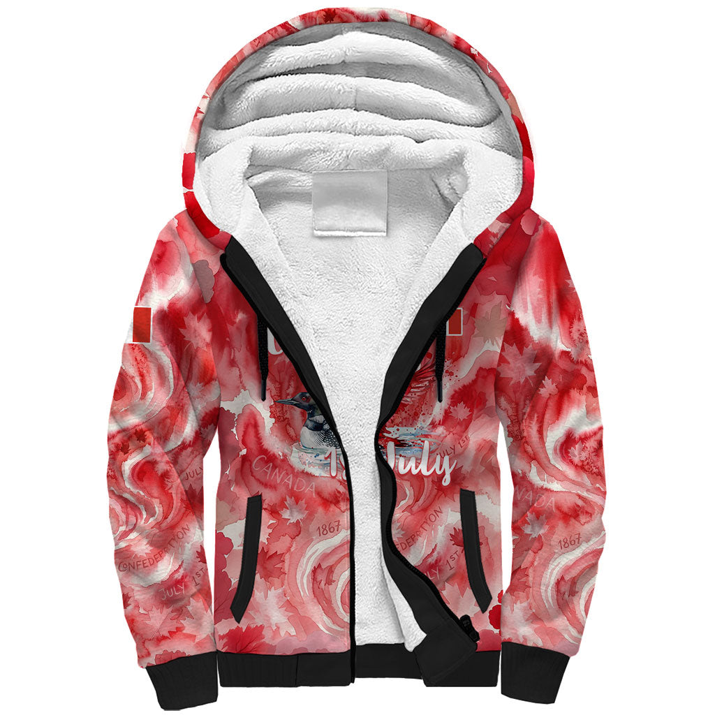 Canada Day Loon And Maple Leaf Sherpa Hoodie Watercolor Nature Scenery Mari Usque Ad Mare Artistic