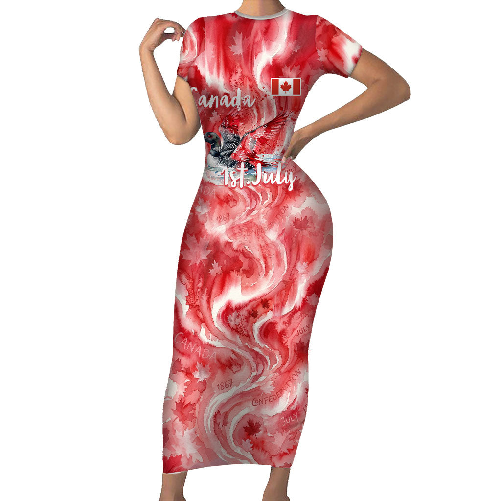 Canada Day Loon And Maple Leaf Short Sleeve Bodycon Dress Watercolor Nature Scenery Mari Usque Ad Mare Artistic