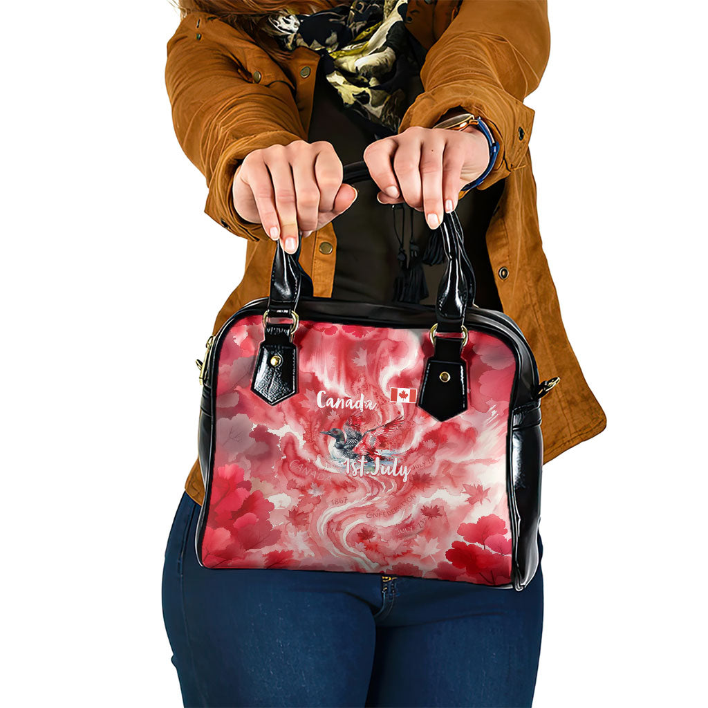 Canada Day Loon And Maple Leaf Shoulder Handbag Watercolor Nature Scenery Mari Usque Ad Mare Artistic