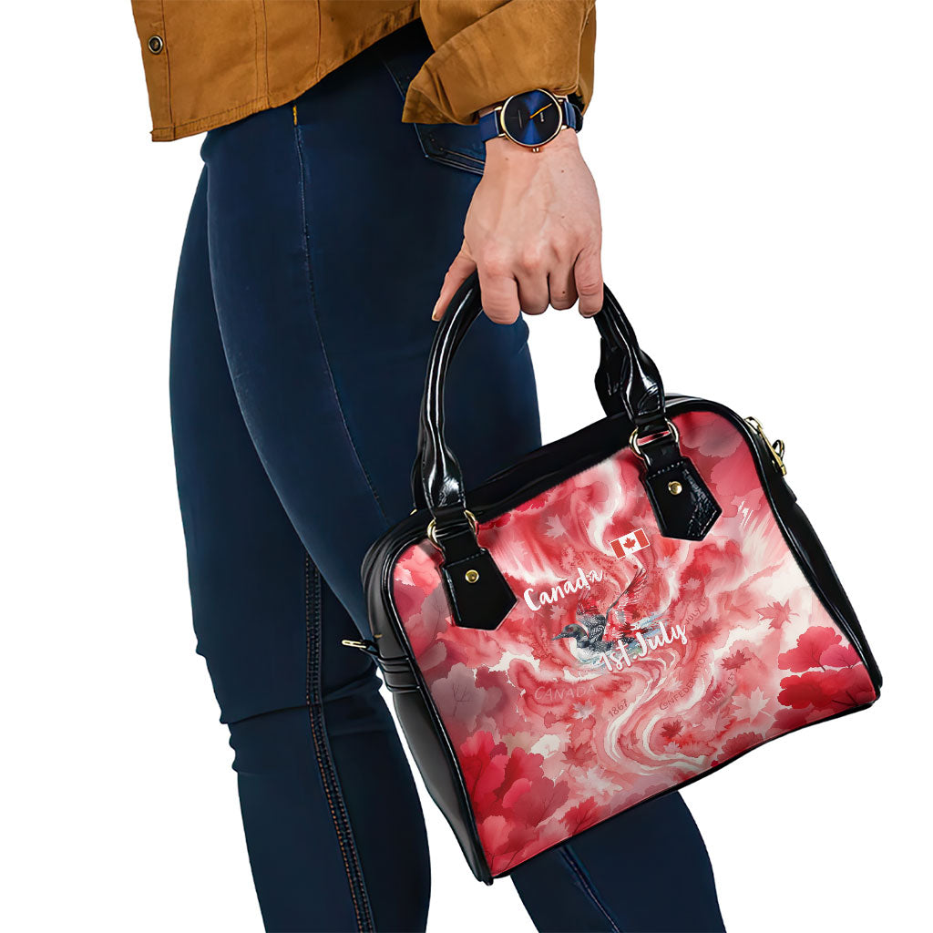Canada Day Loon And Maple Leaf Shoulder Handbag Watercolor Nature Scenery Mari Usque Ad Mare Artistic