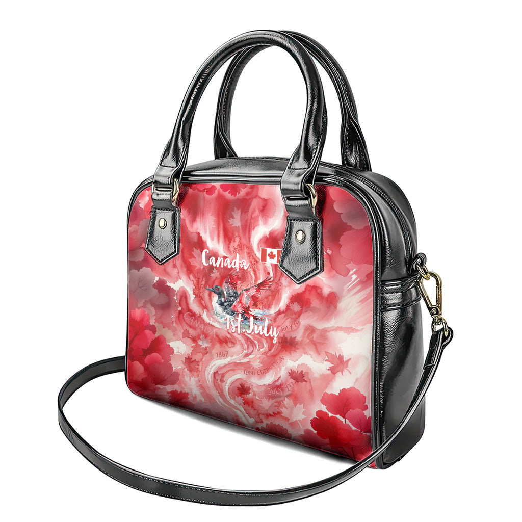 Canada Day Loon And Maple Leaf Shoulder Handbag Watercolor Nature Scenery Mari Usque Ad Mare Artistic