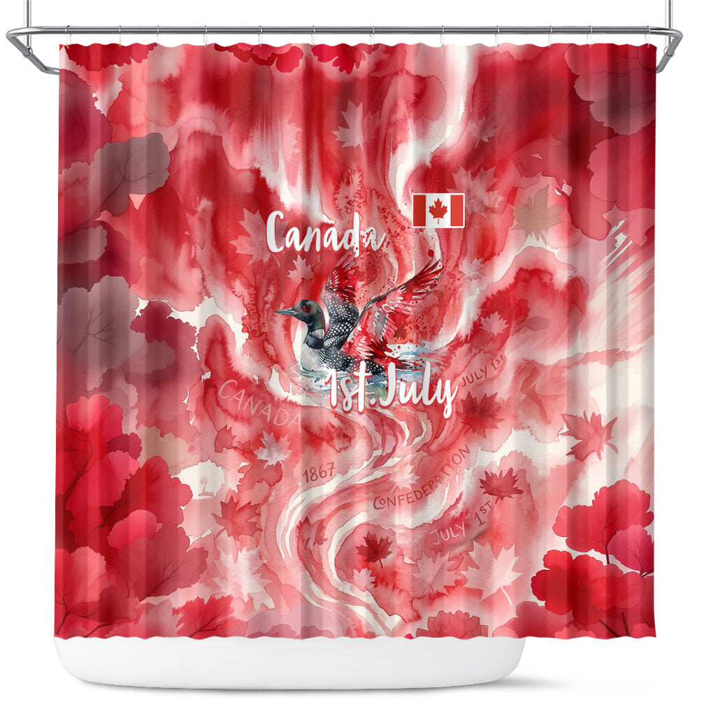 Canada Day Loon And Maple Leaf Shower Curtain Watercolor Nature Scenery Mari Usque Ad Mare Artistic