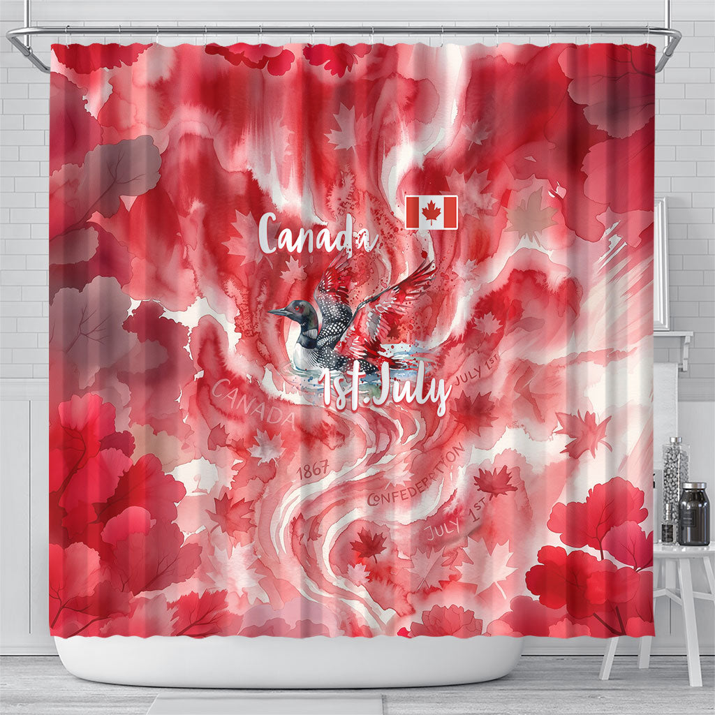 Canada Day Loon And Maple Leaf Shower Curtain Watercolor Nature Scenery Mari Usque Ad Mare Artistic