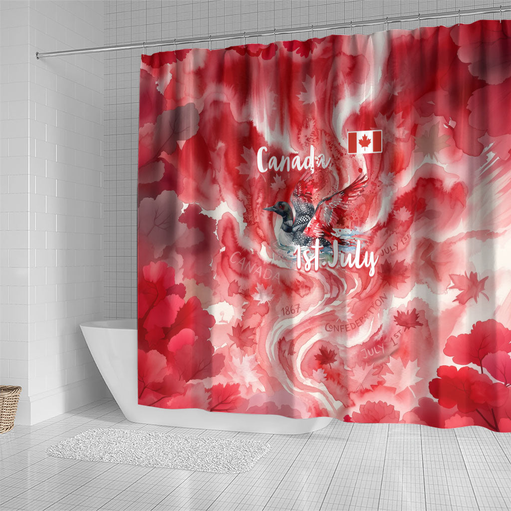 Canada Day Loon And Maple Leaf Shower Curtain Watercolor Nature Scenery Mari Usque Ad Mare Artistic