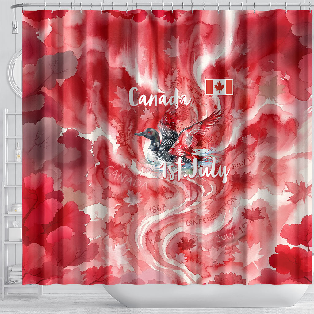 Canada Day Loon And Maple Leaf Shower Curtain Watercolor Nature Scenery Mari Usque Ad Mare Artistic