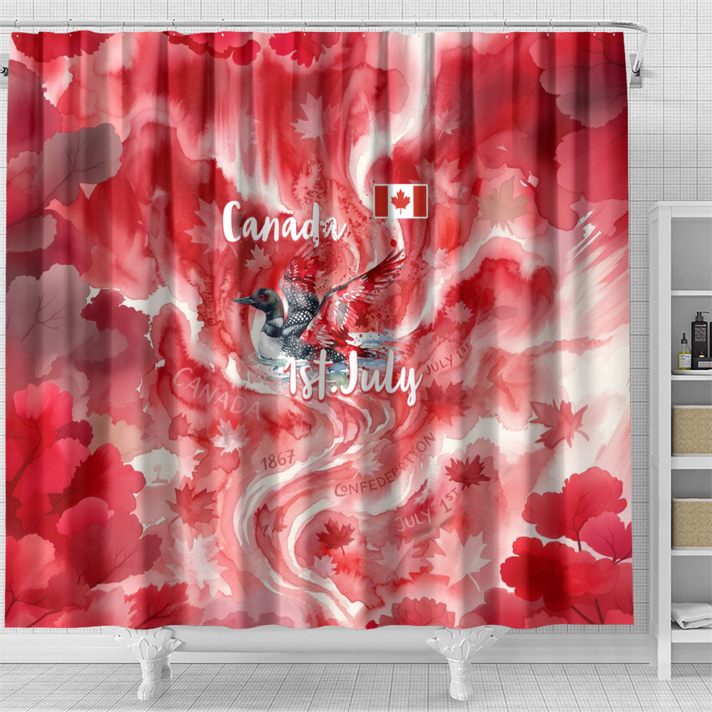 Canada Day Loon And Maple Leaf Shower Curtain Watercolor Nature Scenery Mari Usque Ad Mare Artistic