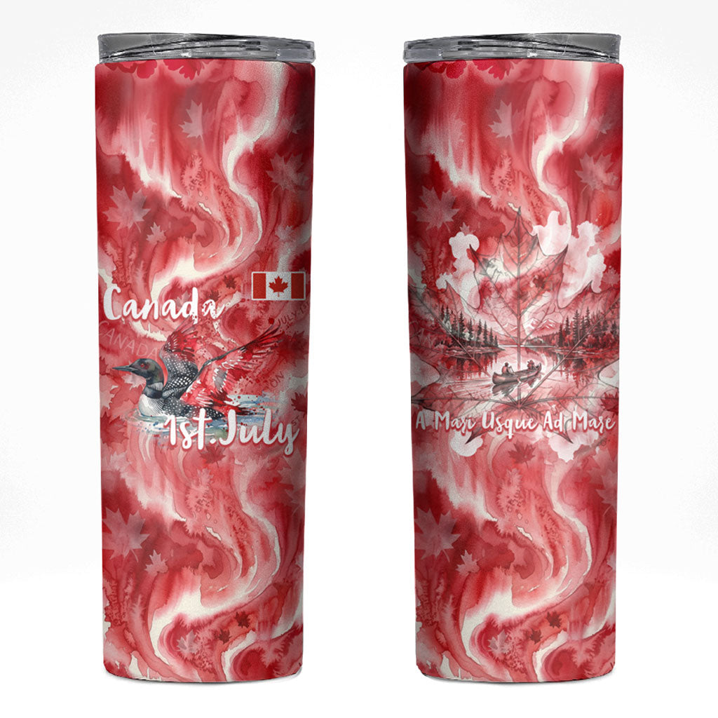Canada Day Loon And Maple Leaf Skinny Tumbler Watercolor Nature Scenery Mari Usque Ad Mare Artistic