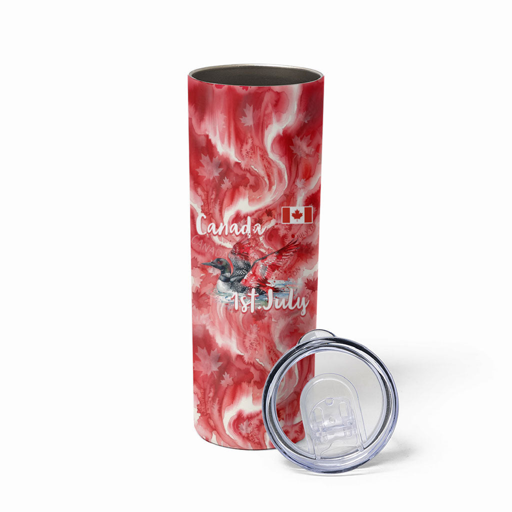 Canada Day Loon And Maple Leaf Skinny Tumbler Watercolor Nature Scenery Mari Usque Ad Mare Artistic