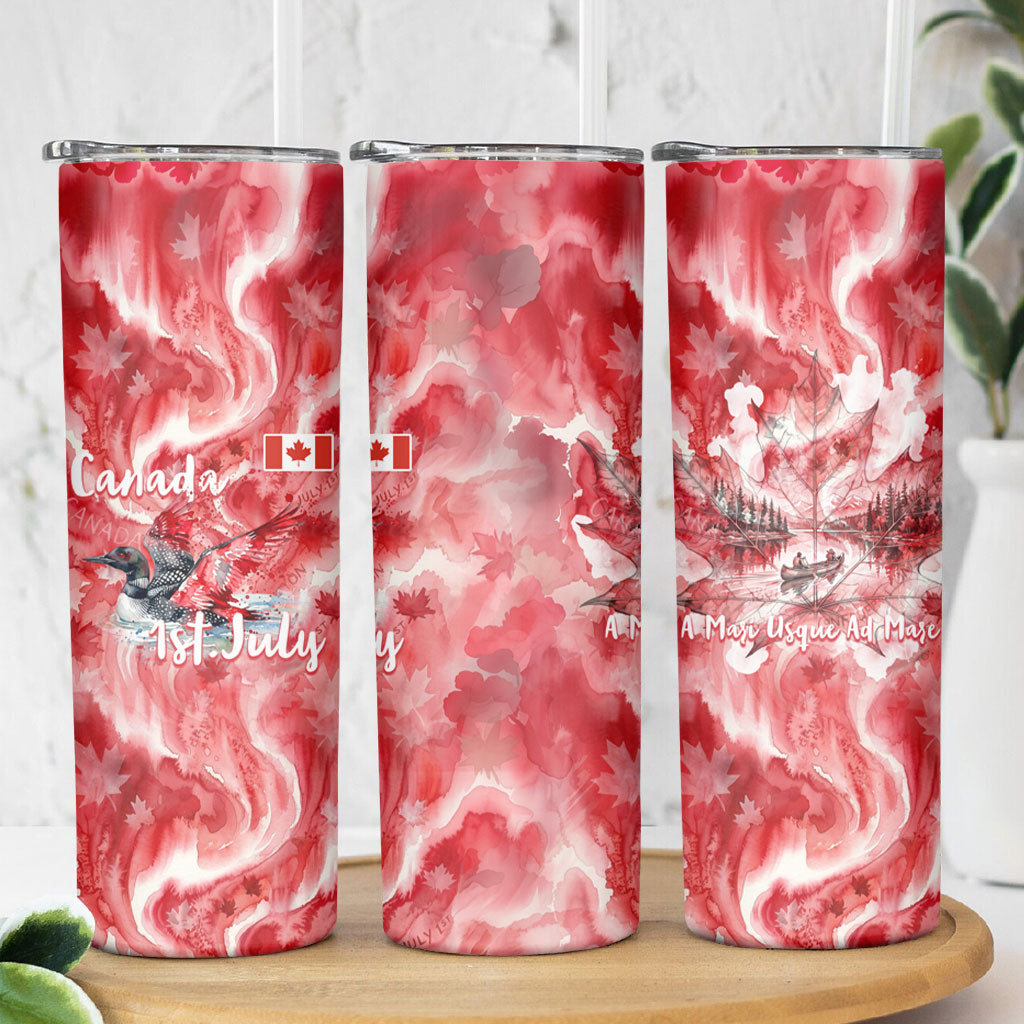 Canada Day Loon And Maple Leaf Skinny Tumbler Watercolor Nature Scenery Mari Usque Ad Mare Artistic