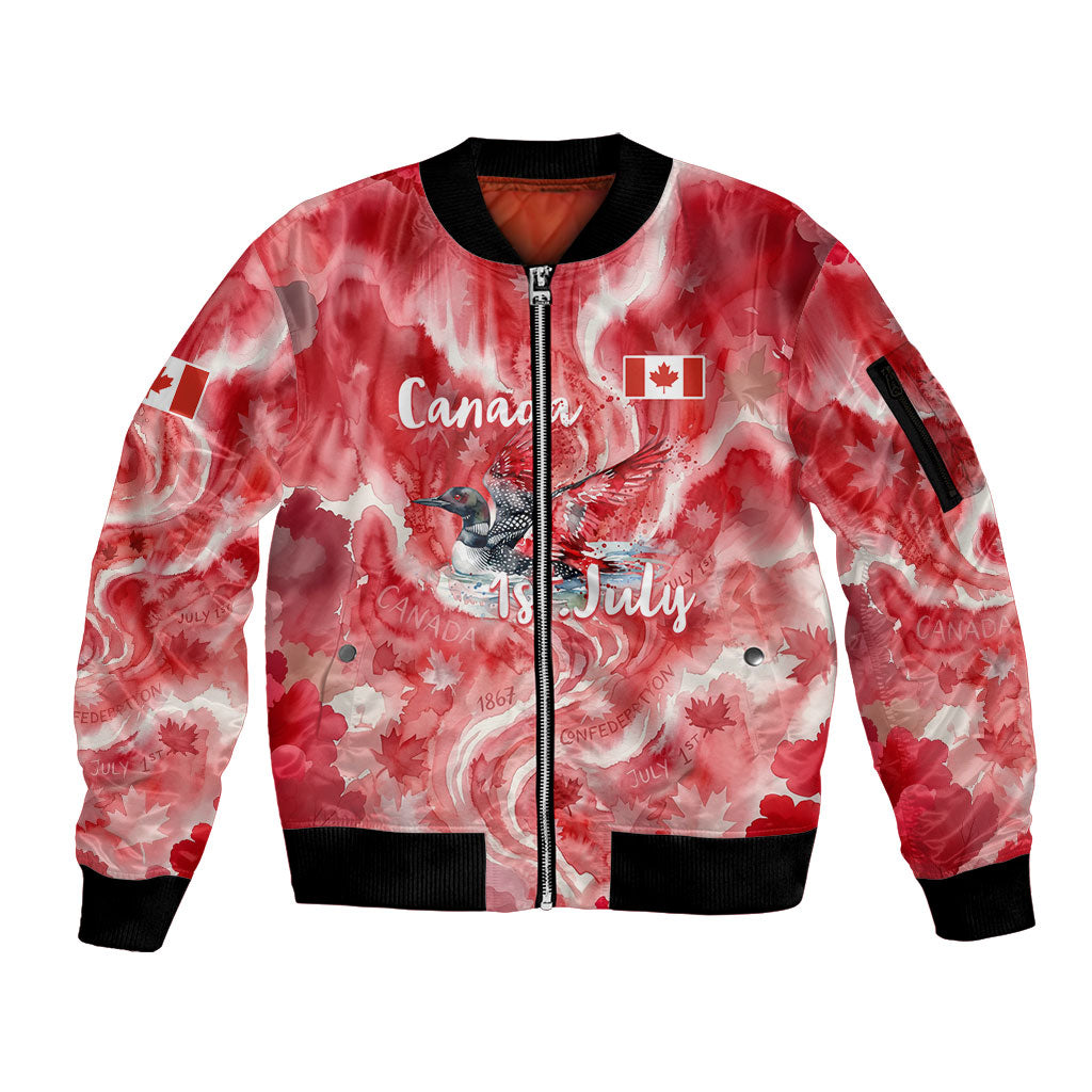 Canada Day Loon And Maple Leaf Sleeve Zip Bomber Jacket Watercolor Nature Scenery Mari Usque Ad Mare Artistic
