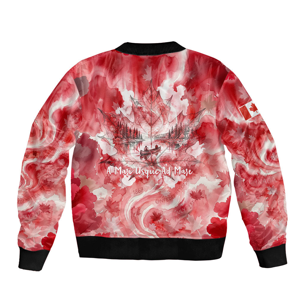 Canada Day Loon And Maple Leaf Sleeve Zip Bomber Jacket Watercolor Nature Scenery Mari Usque Ad Mare Artistic