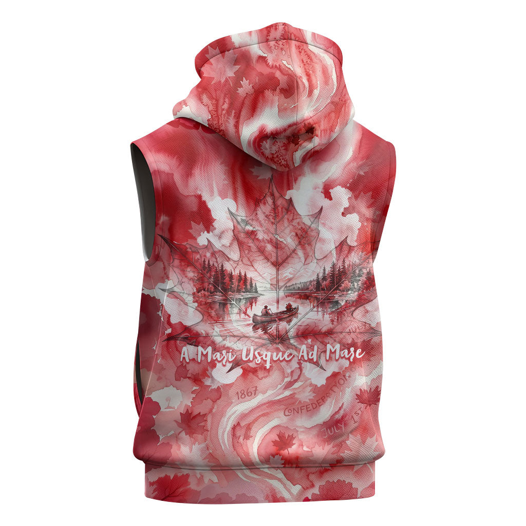 Canada Day Loon And Maple Leaf Sleeveless Hoodie Watercolor Nature Scenery Mari Usque Ad Mare Artistic