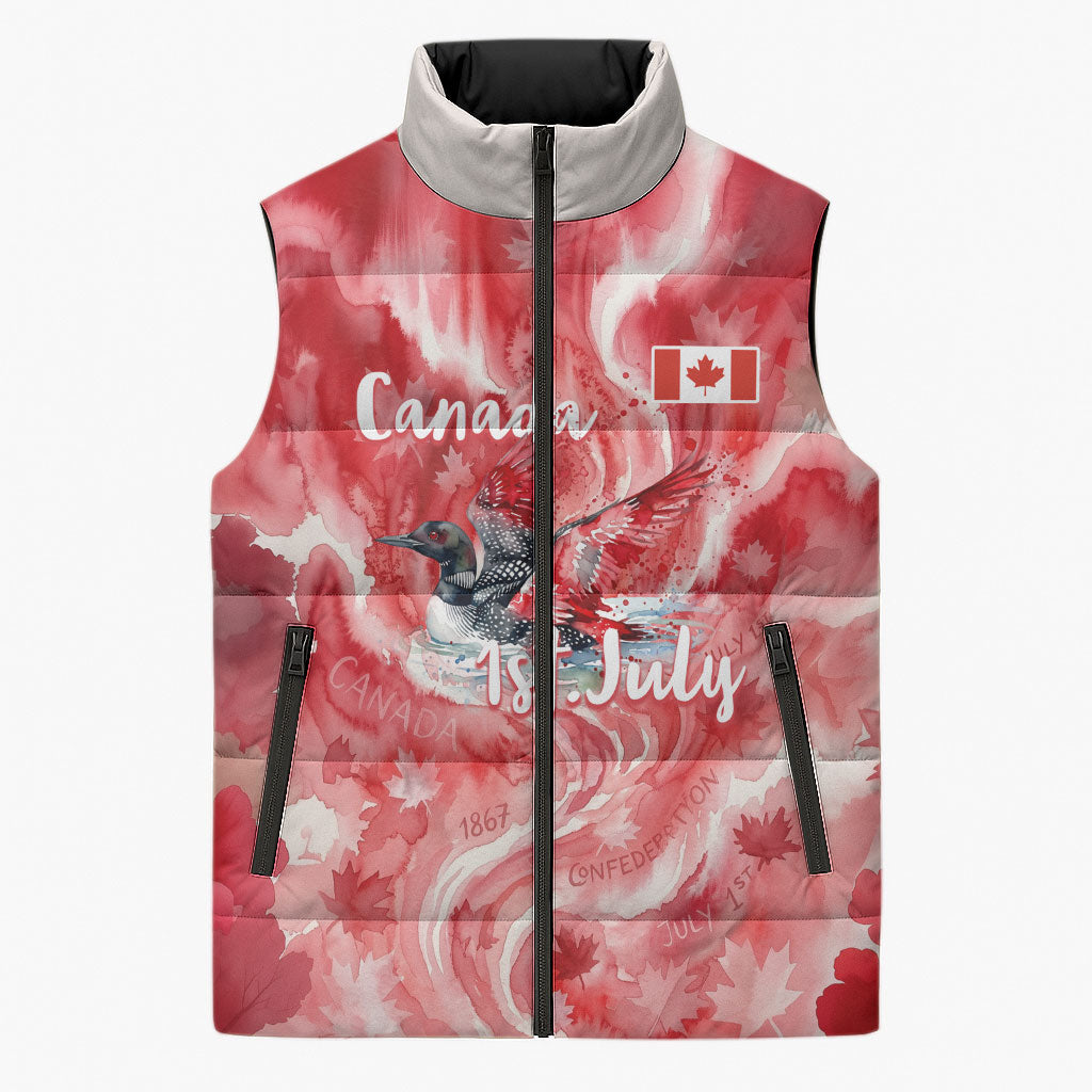 Canada Day Loon And Maple Leaf Sleeveless Puffer Jacket Watercolor Nature Scenery Mari Usque Ad Mare Artistic