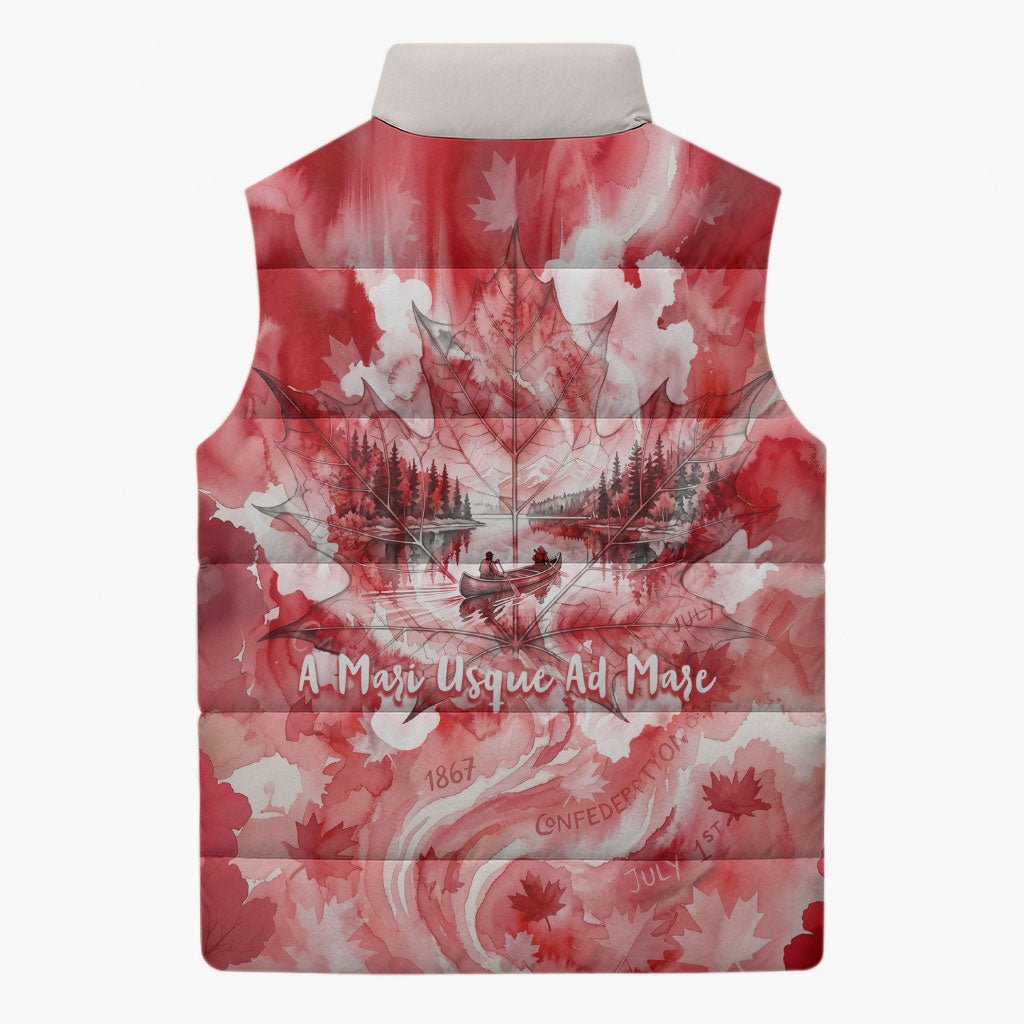 Canada Day Loon And Maple Leaf Sleeveless Puffer Jacket Watercolor Nature Scenery Mari Usque Ad Mare Artistic