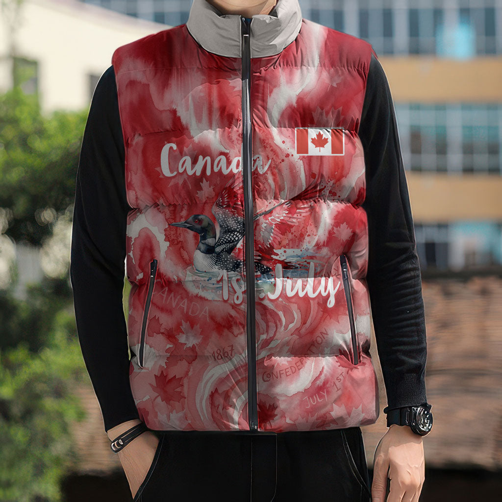 Canada Day Loon And Maple Leaf Sleeveless Puffer Jacket Watercolor Nature Scenery Mari Usque Ad Mare Artistic