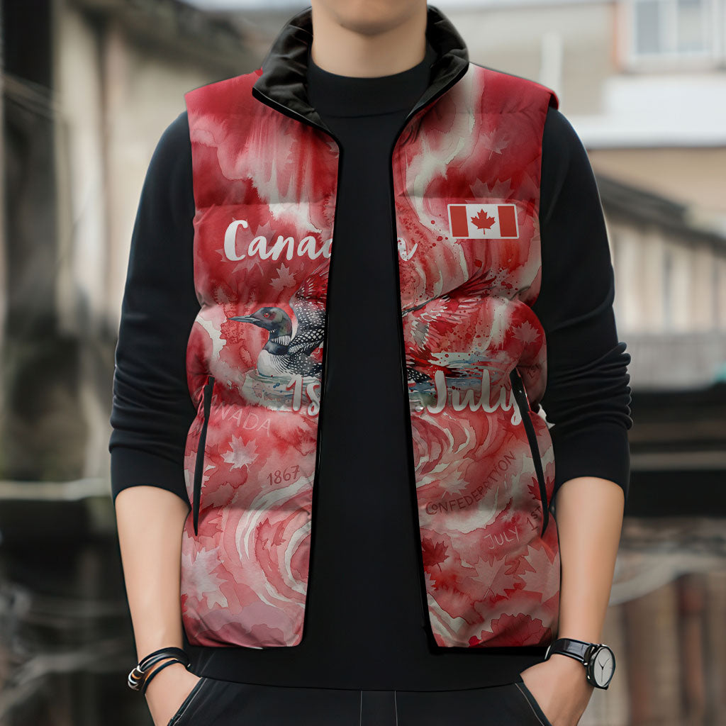 Canada Day Loon And Maple Leaf Sleeveless Puffer Jacket Watercolor Nature Scenery Mari Usque Ad Mare Artistic