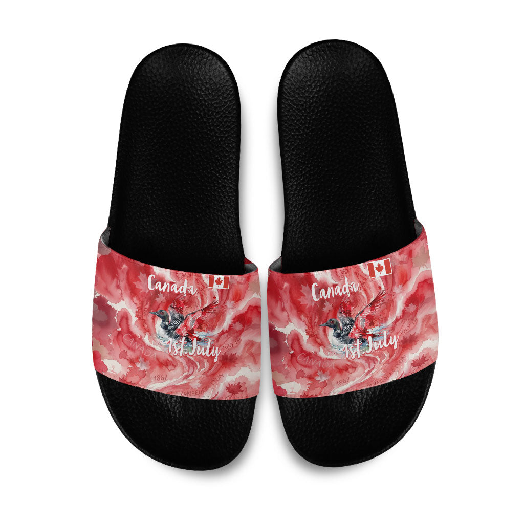 Canada Day Loon And Maple Leaf Slide Sandals Watercolor Nature Scenery Mari Usque Ad Mare Artistic