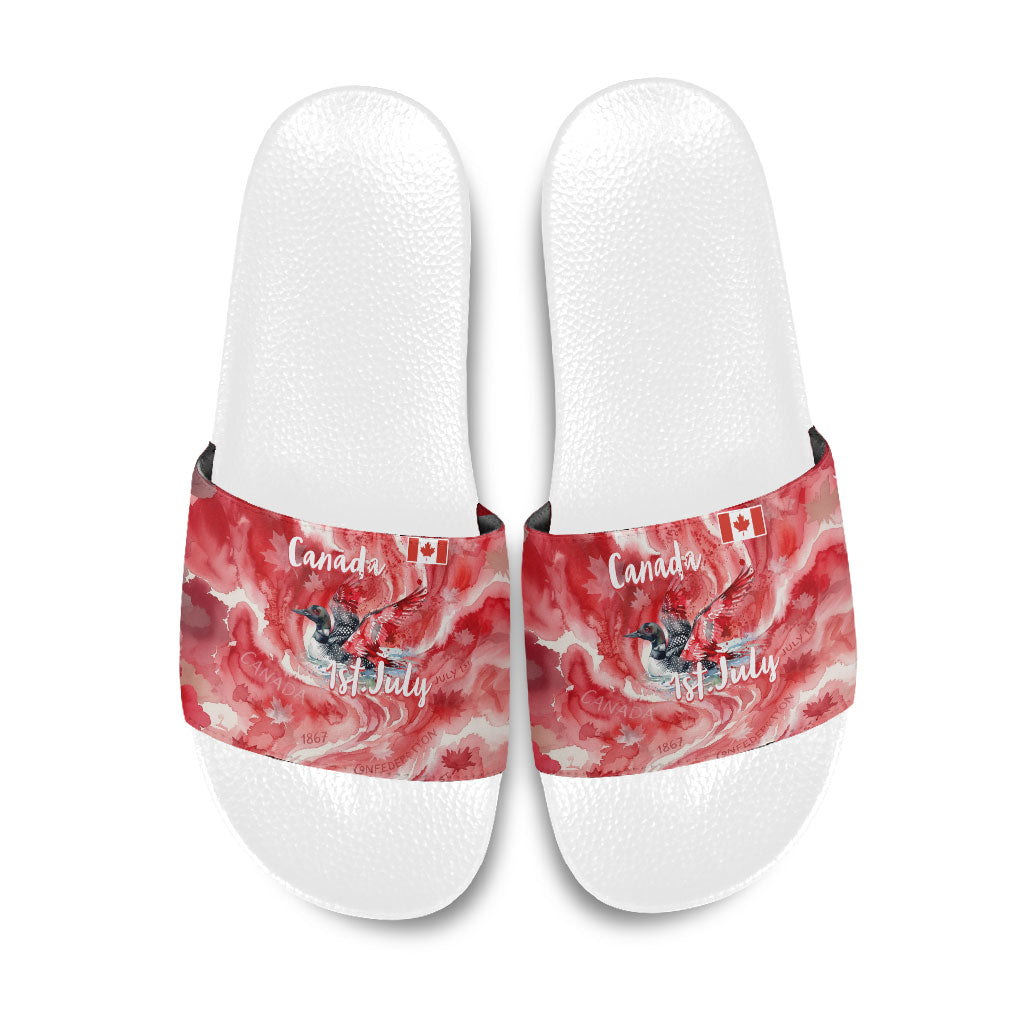Canada Day Loon And Maple Leaf Slide Sandals Watercolor Nature Scenery Mari Usque Ad Mare Artistic