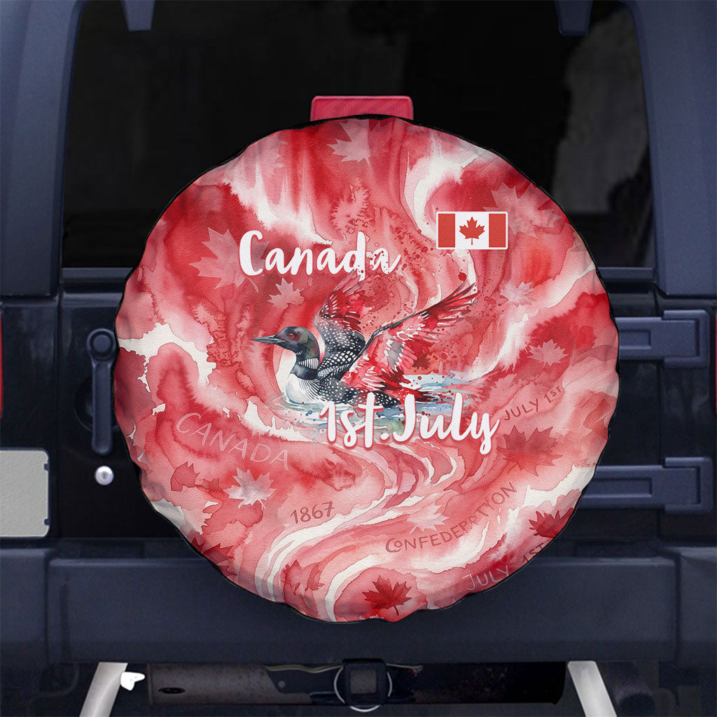 Canada Day Loon And Maple Leaf Spare Tire Cover Watercolor Nature Scenery Mari Usque Ad Mare Artistic