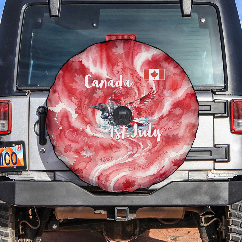 Canada Day Loon And Maple Leaf Spare Tire Cover Watercolor Nature Scenery Mari Usque Ad Mare Artistic
