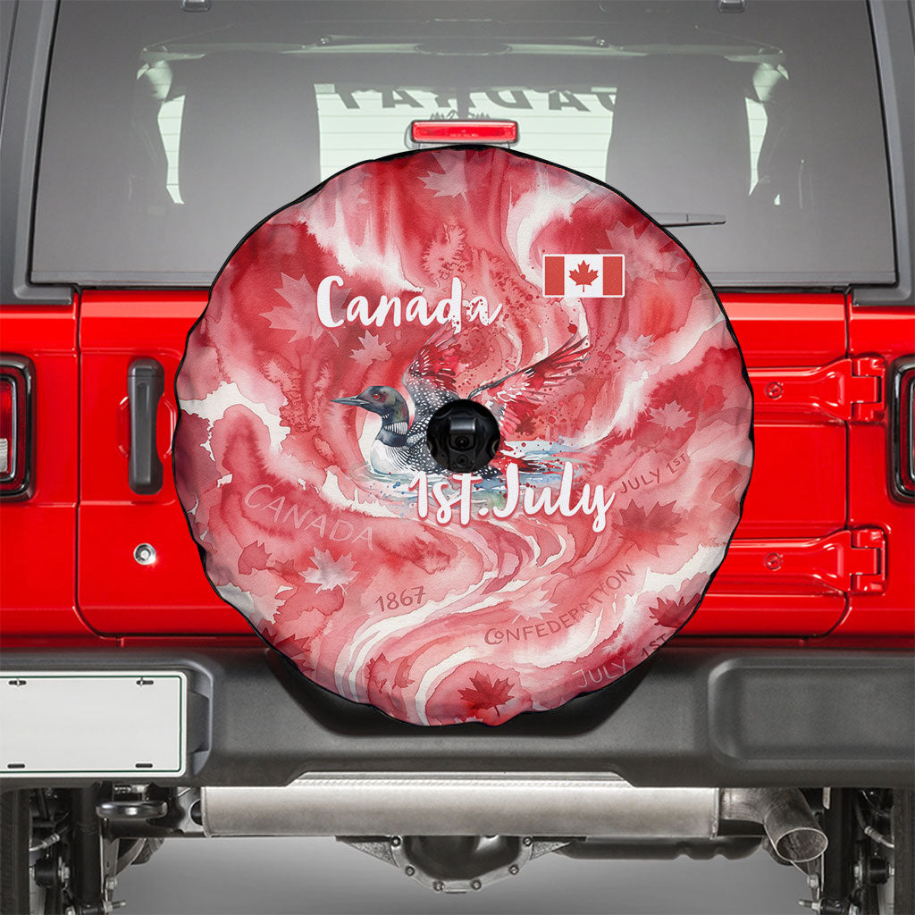 Canada Day Loon And Maple Leaf Spare Tire Cover Watercolor Nature Scenery Mari Usque Ad Mare Artistic