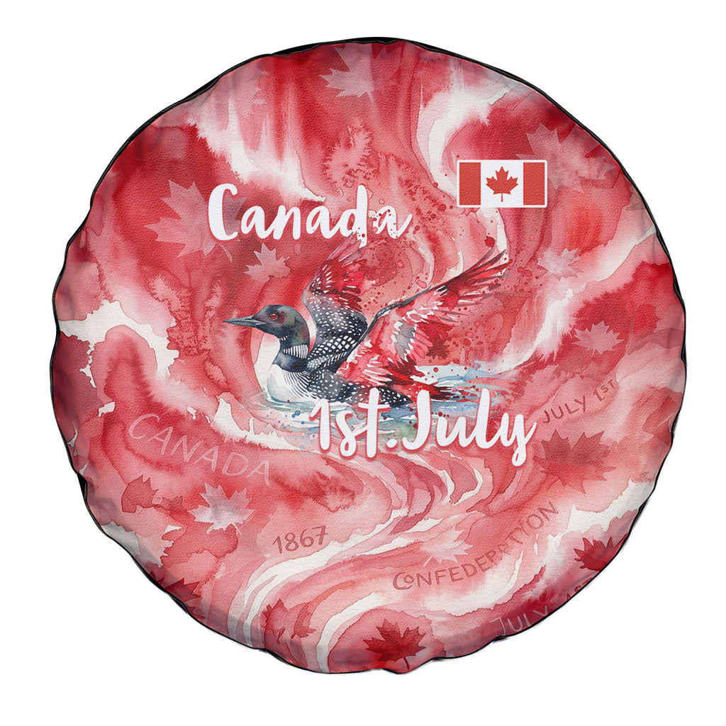 Canada Day Loon And Maple Leaf Spare Tire Cover Watercolor Nature Scenery Mari Usque Ad Mare Artistic