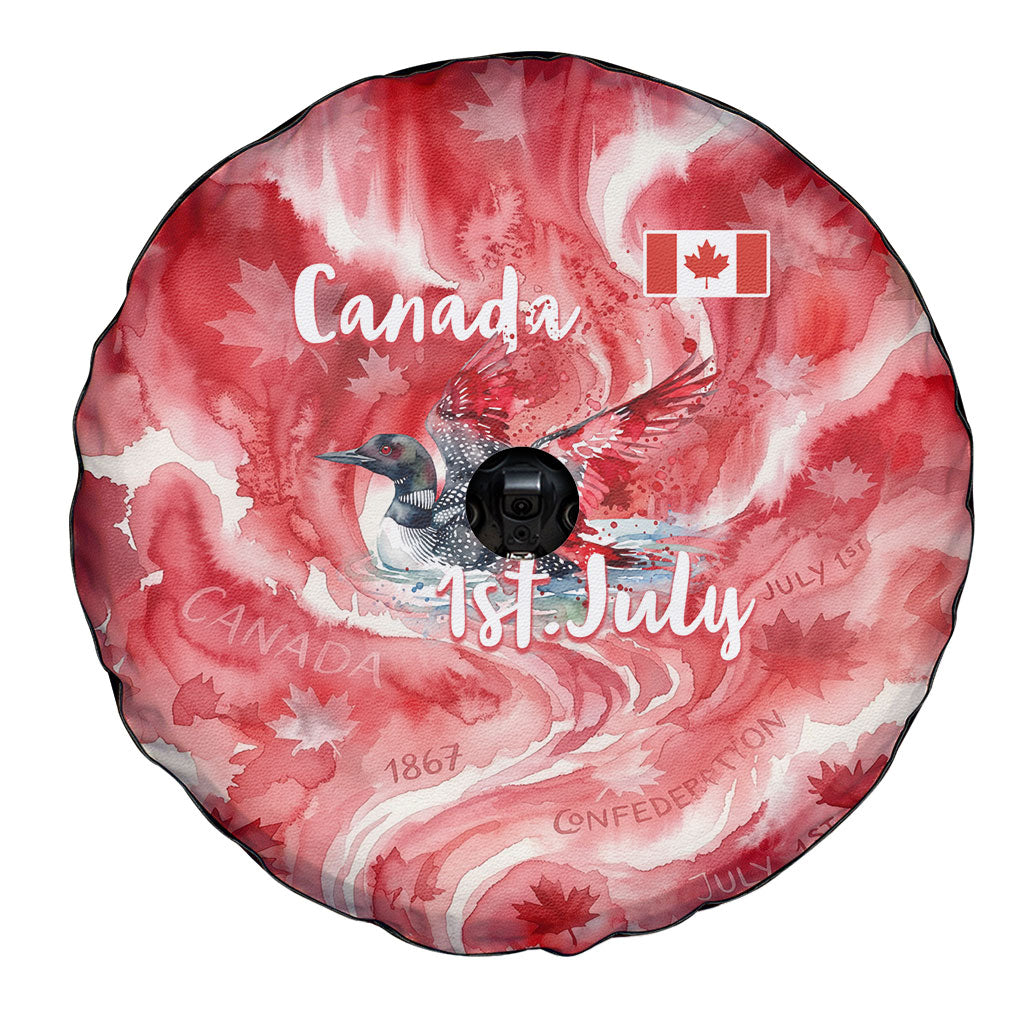 Canada Day Loon And Maple Leaf Spare Tire Cover Watercolor Nature Scenery Mari Usque Ad Mare Artistic