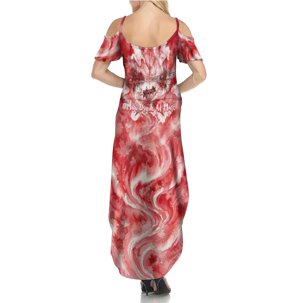 Canada Day Loon And Maple Leaf Summer Maxi Dress Watercolor Nature Scenery Mari Usque Ad Mare Artistic
