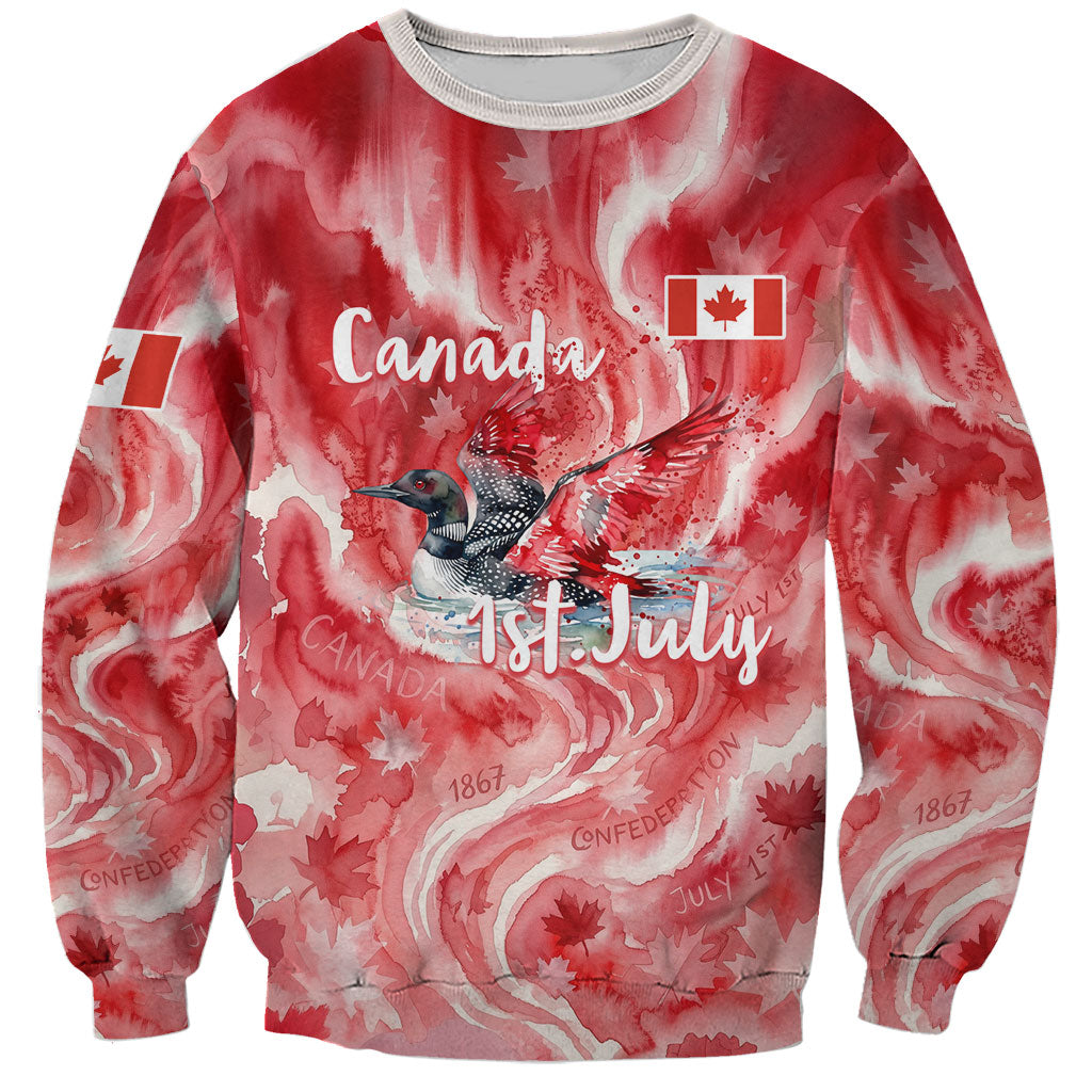 Canada Day Loon And Maple Leaf Sweatshirt Watercolor Nature Scenery Mari Usque Ad Mare Artistic