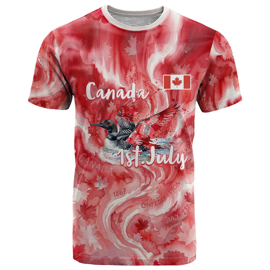 Canada Day Loon And Maple Leaf T Shirt Watercolor Nature Scenery Mari Usque Ad Mare Artistic