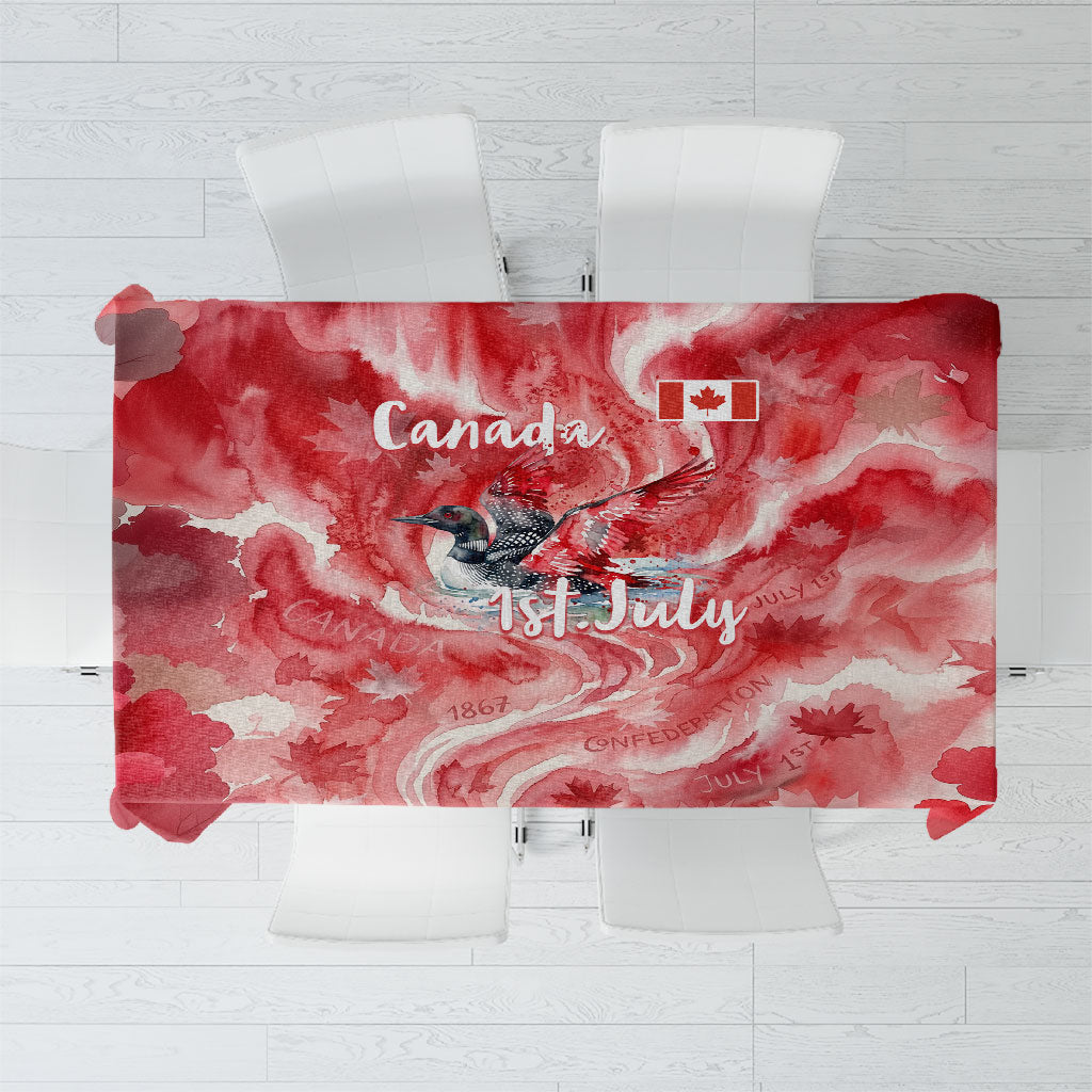 Canada Day Loon And Maple Leaf Tablecloth Watercolor Nature Scenery Mari Usque Ad Mare Artistic