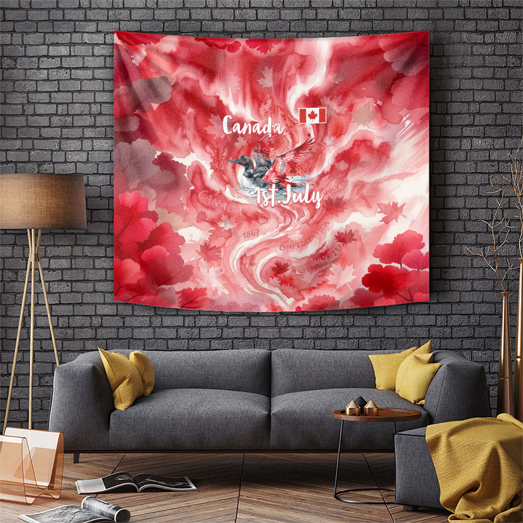 Canada Day Loon And Maple Leaf Tapestry Watercolor Nature Scenery Mari Usque Ad Mare Artistic