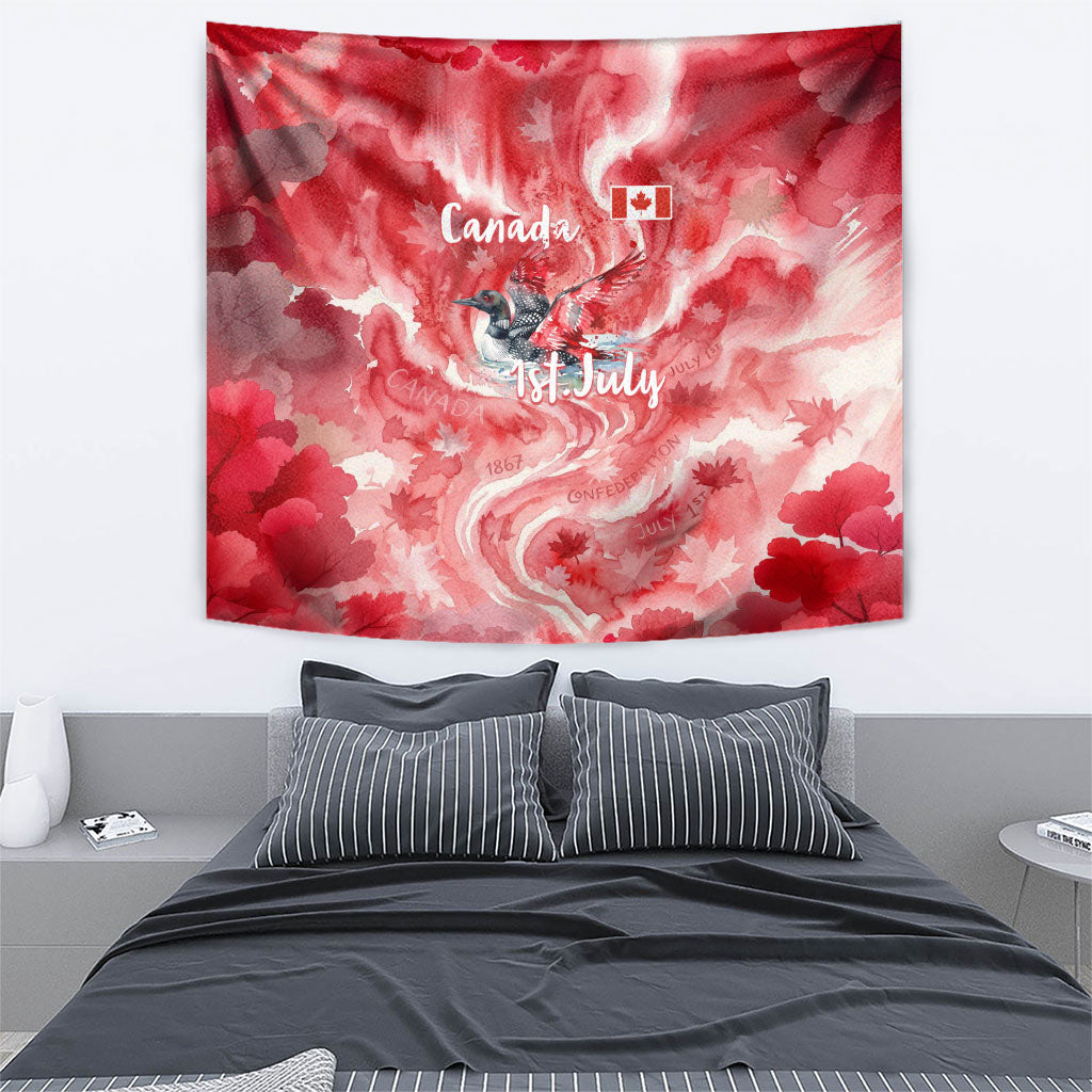 Canada Day Loon And Maple Leaf Tapestry Watercolor Nature Scenery Mari Usque Ad Mare Artistic