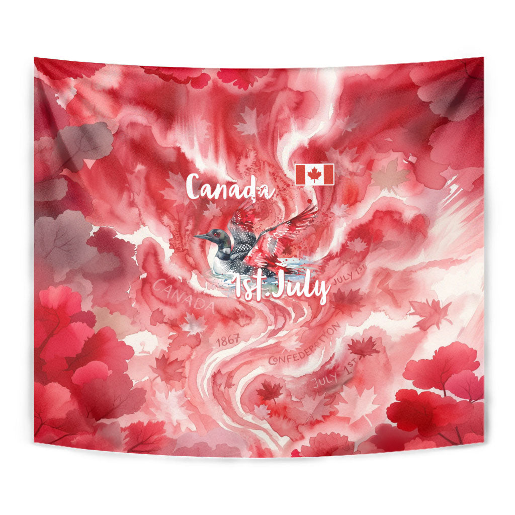 Canada Day Loon And Maple Leaf Tapestry Watercolor Nature Scenery Mari Usque Ad Mare Artistic