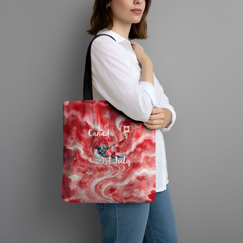 Canada Day Loon And Maple Leaf Tote Bag Watercolor Nature Scenery Mari Usque Ad Mare Artistic