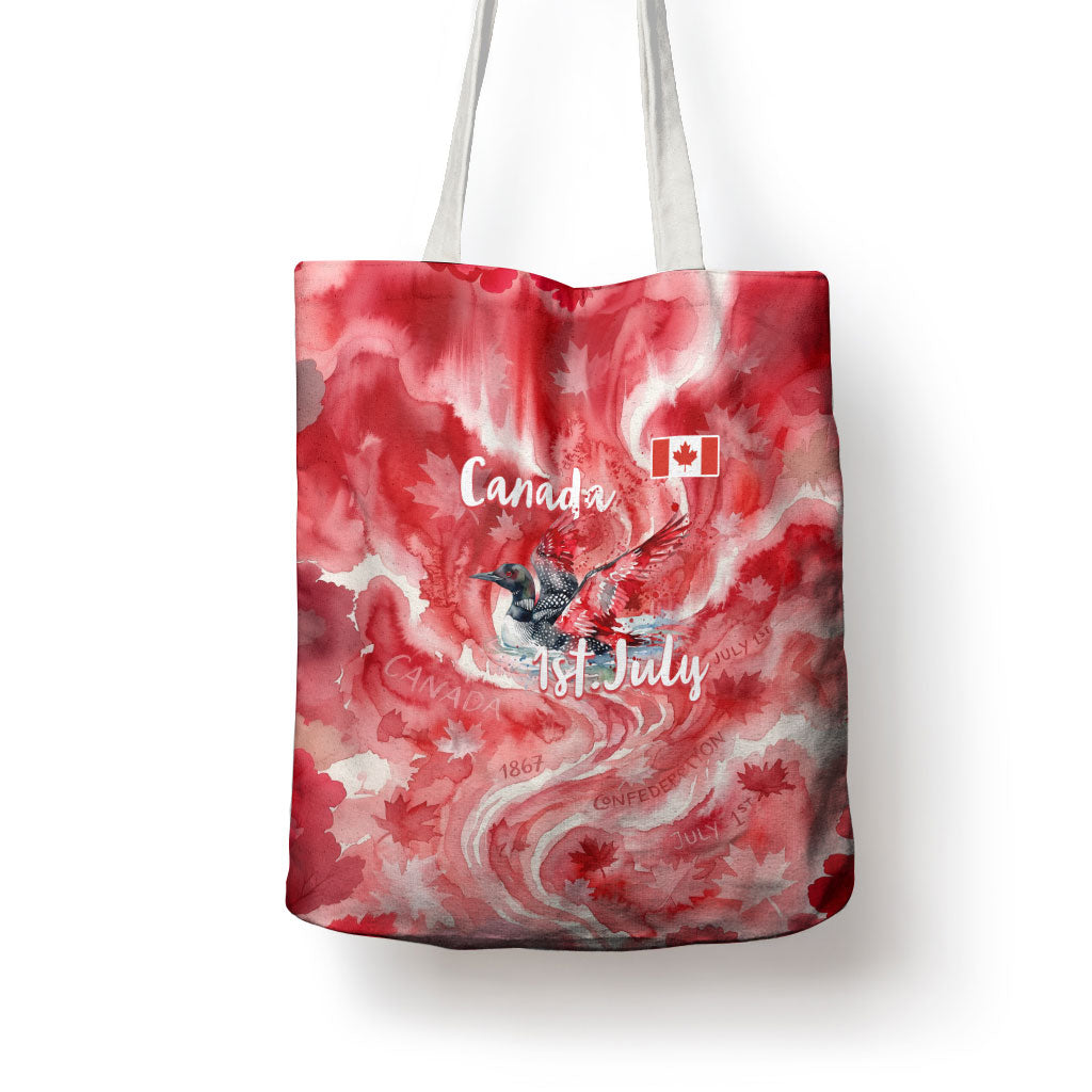 Canada Day Loon And Maple Leaf Tote Bag Watercolor Nature Scenery Mari Usque Ad Mare Artistic