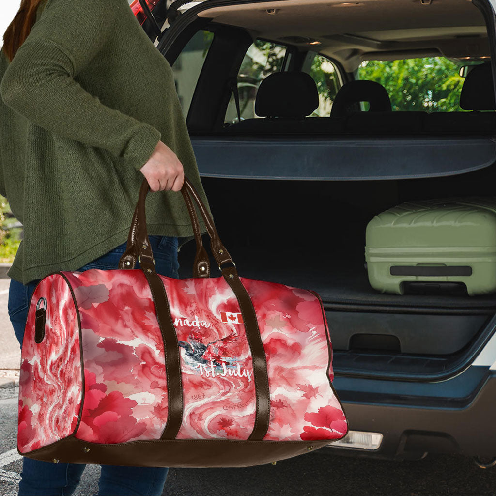Canada Day Loon And Maple Leaf Travel Bag Watercolor Nature Scenery Mari Usque Ad Mare Artistic