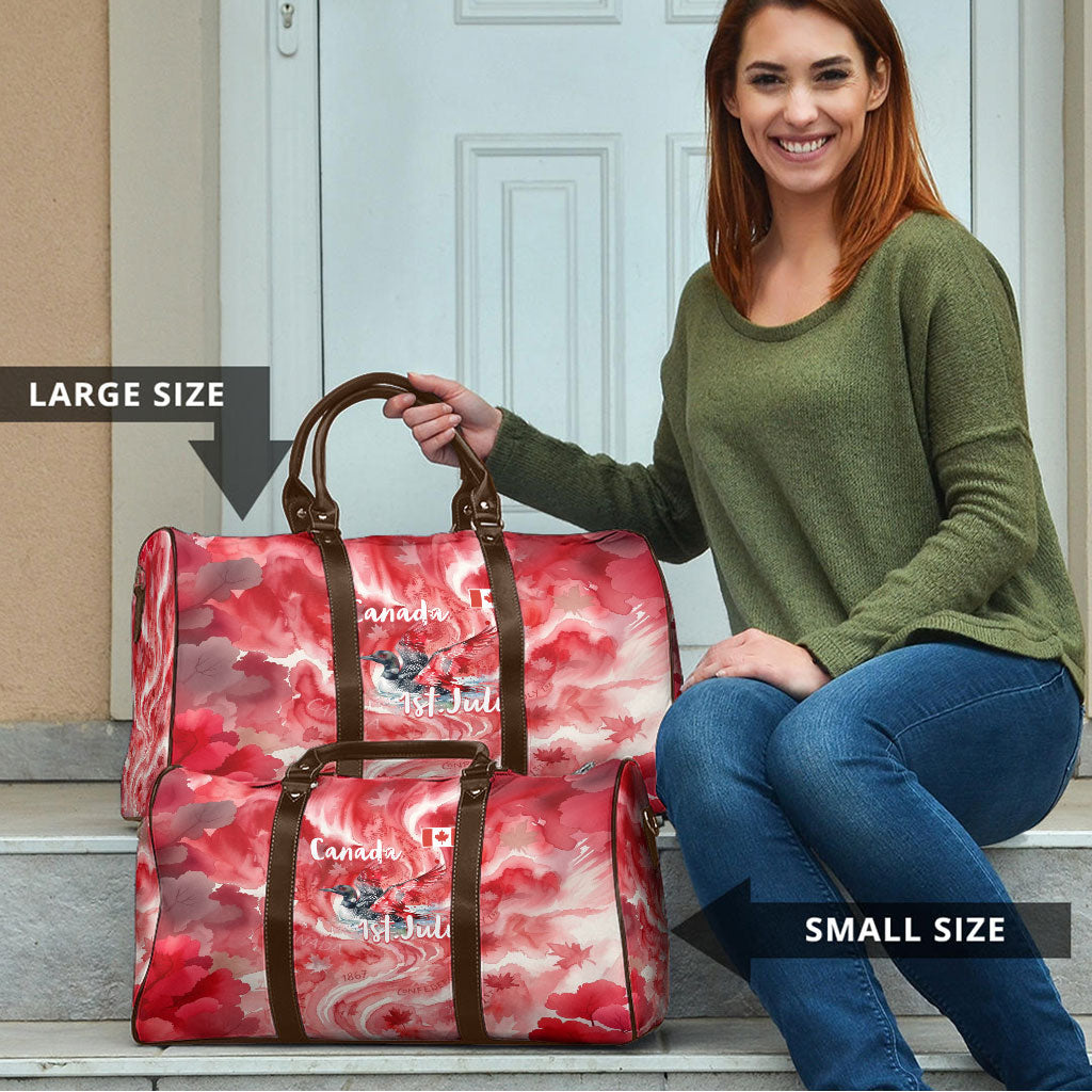 Canada Day Loon And Maple Leaf Travel Bag Watercolor Nature Scenery Mari Usque Ad Mare Artistic