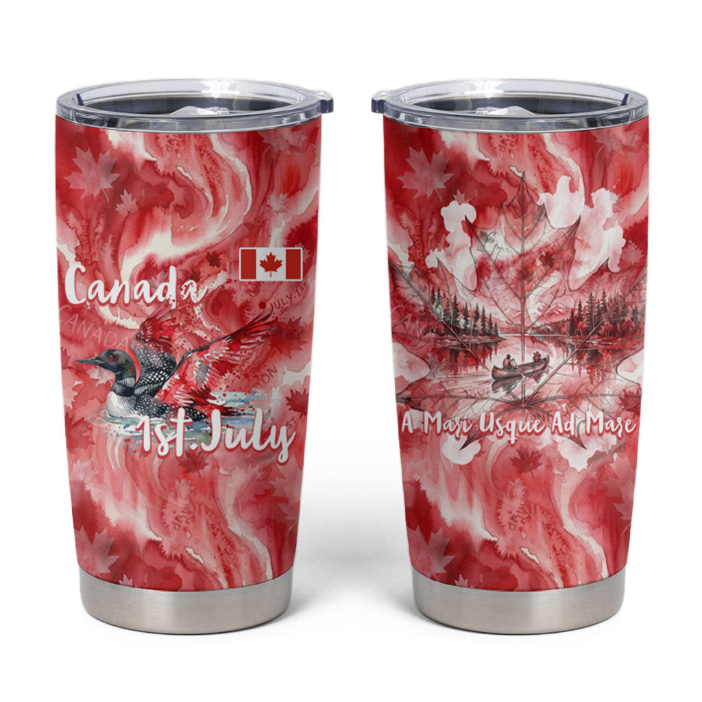 Canada Day Loon And Maple Leaf Tumbler Cup Watercolor Nature Scenery Mari Usque Ad Mare Artistic