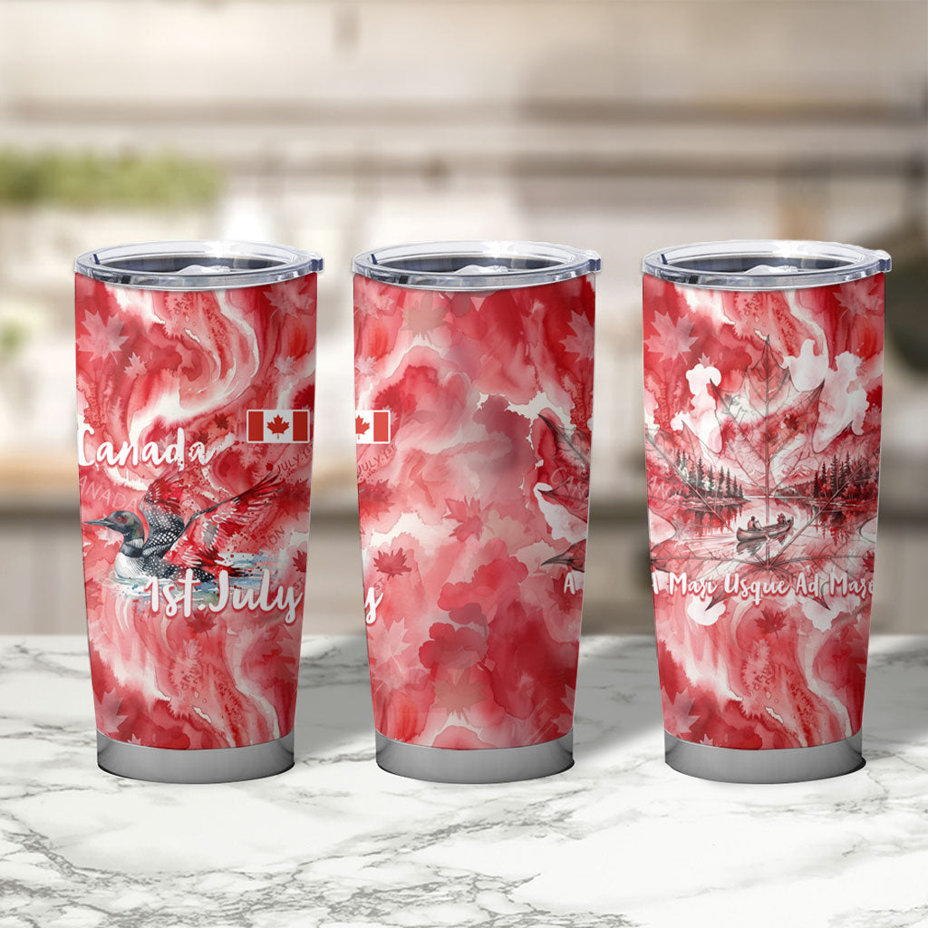 Canada Day Loon And Maple Leaf Tumbler Cup Watercolor Nature Scenery Mari Usque Ad Mare Artistic