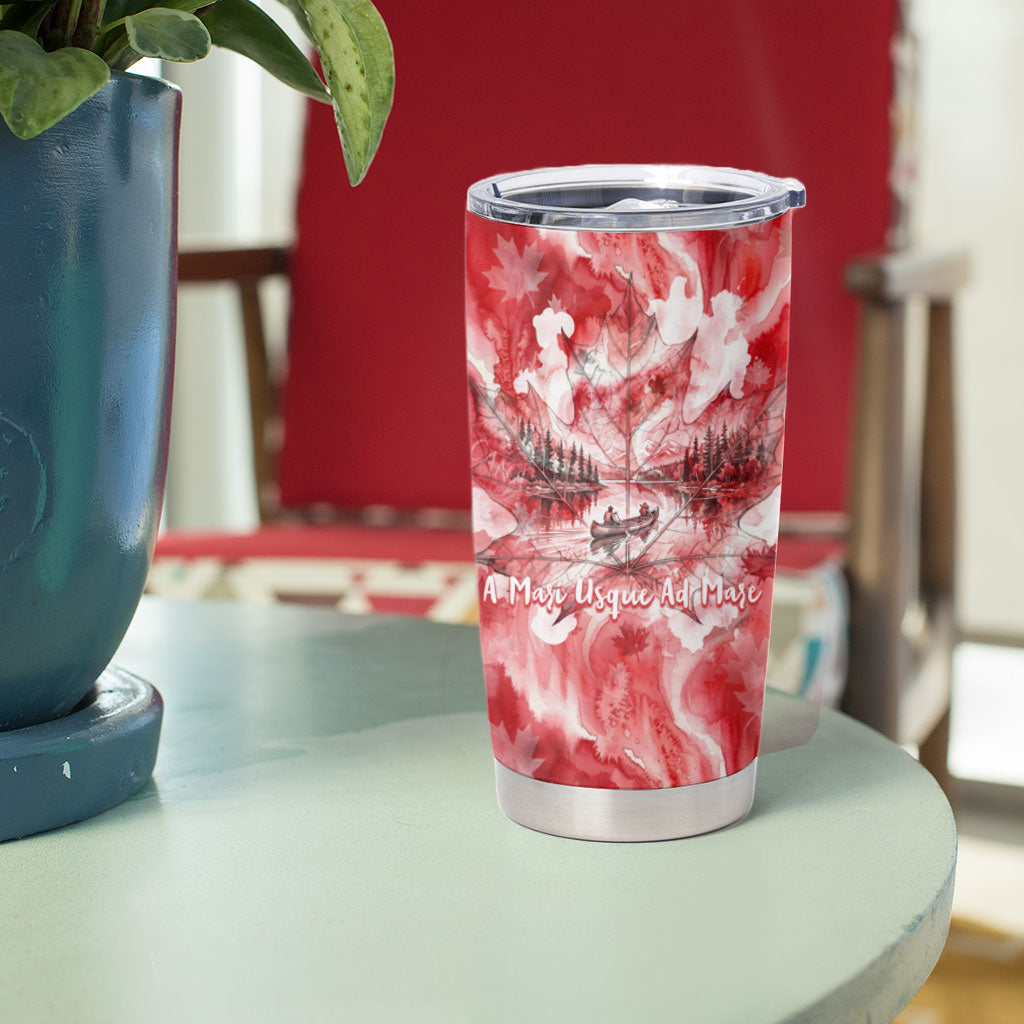Canada Day Loon And Maple Leaf Tumbler Cup Watercolor Nature Scenery Mari Usque Ad Mare Artistic