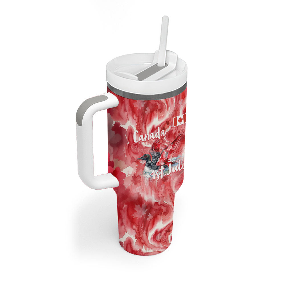 Canada Day Loon And Maple Leaf Tumbler With Handle Watercolor Nature Scenery Mari Usque Ad Mare Artistic