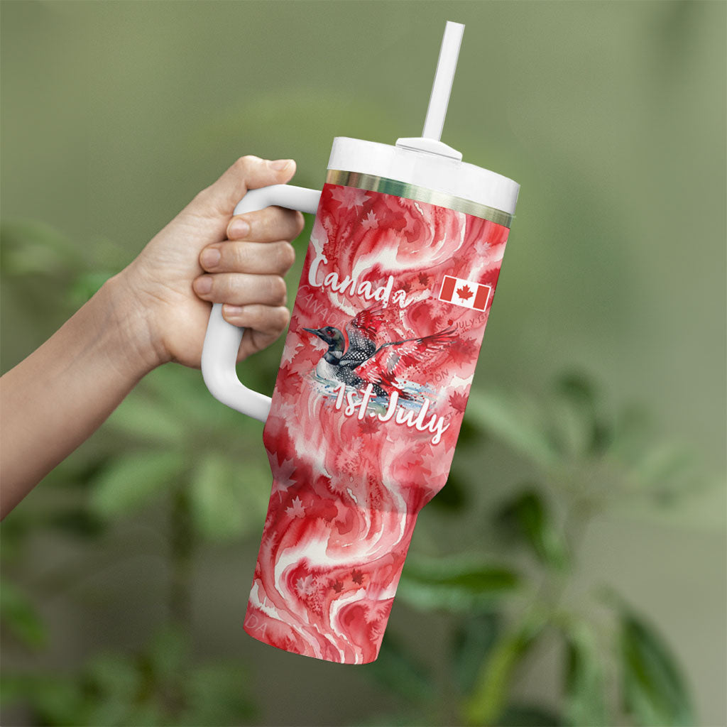 Canada Day Loon And Maple Leaf Tumbler With Handle Watercolor Nature Scenery Mari Usque Ad Mare Artistic
