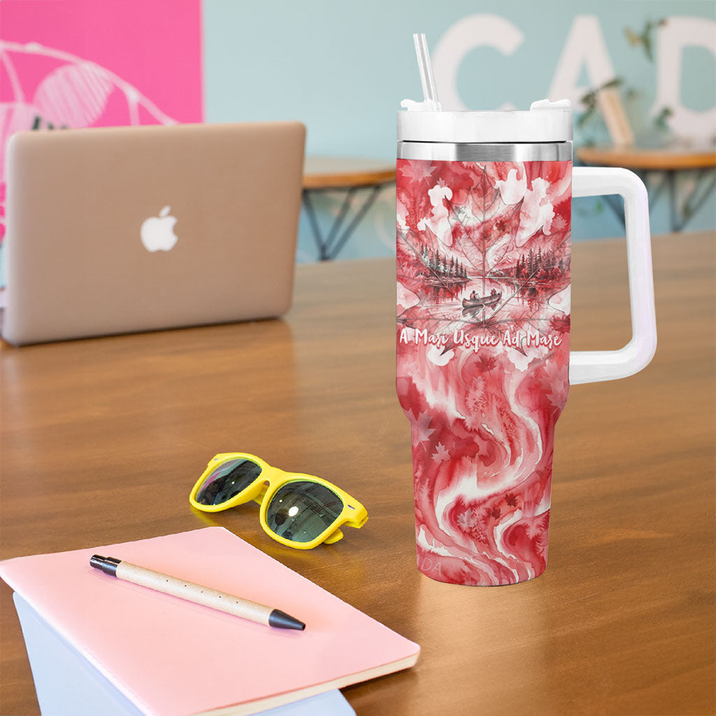 Canada Day Loon And Maple Leaf Tumbler With Handle Watercolor Nature Scenery Mari Usque Ad Mare Artistic
