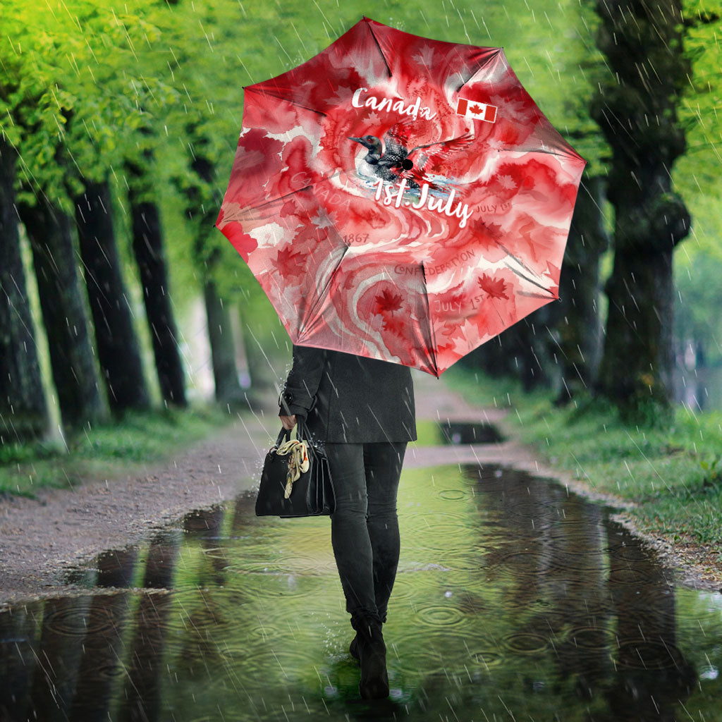 Canada Day Loon And Maple Leaf Umbrella Watercolor Nature Scenery Mari Usque Ad Mare Artistic