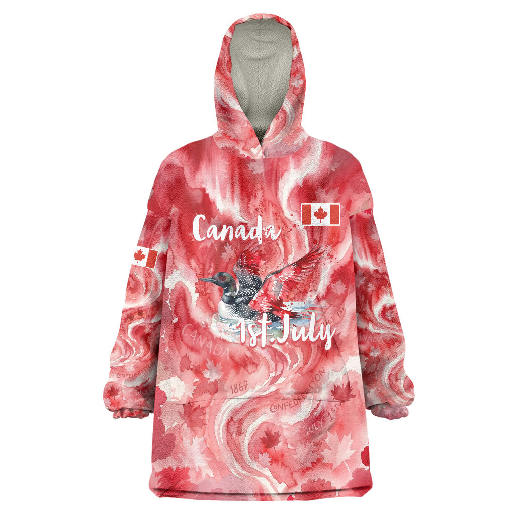 Canada Day Loon And Maple Leaf Wearable Blanket Hoodie Watercolor Nature Scenery Mari Usque Ad Mare Artistic