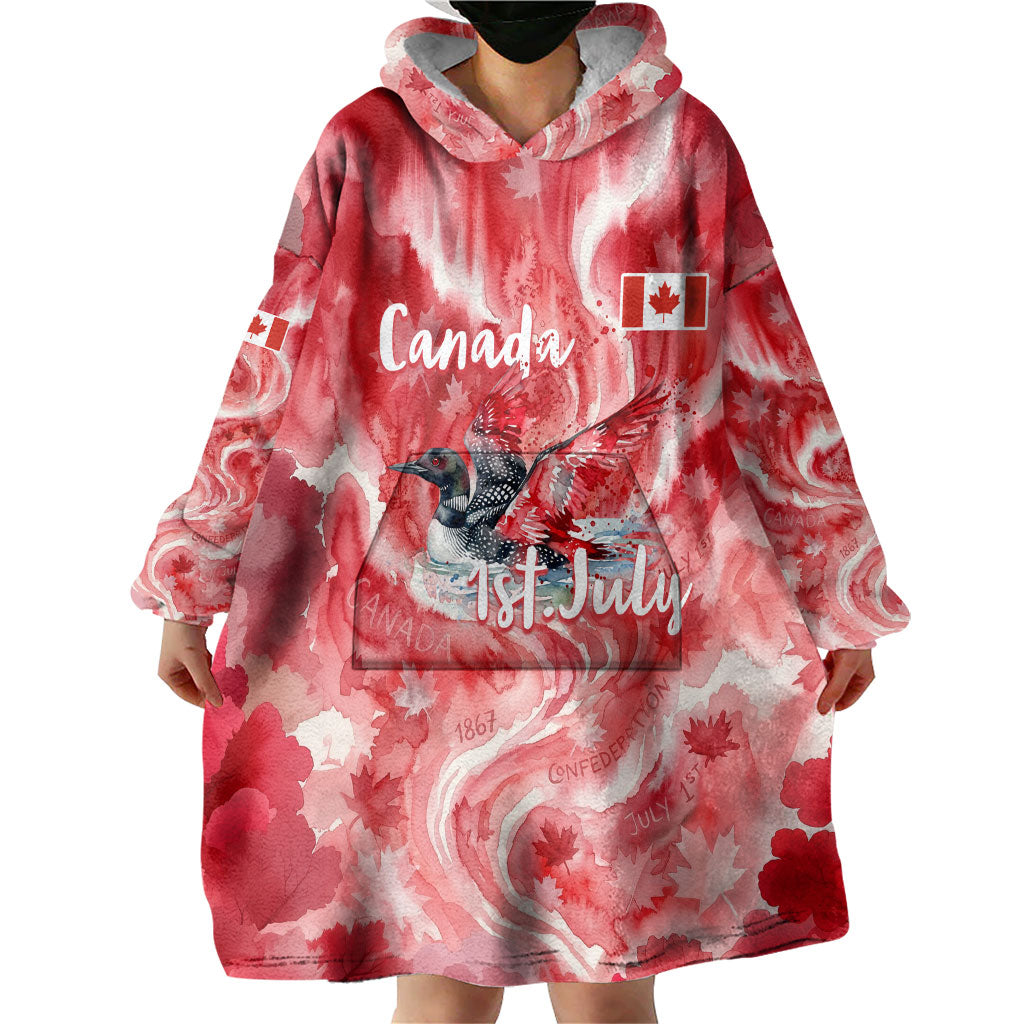 Canada Day Loon And Maple Leaf Wearable Blanket Hoodie Watercolor Nature Scenery Mari Usque Ad Mare Artistic